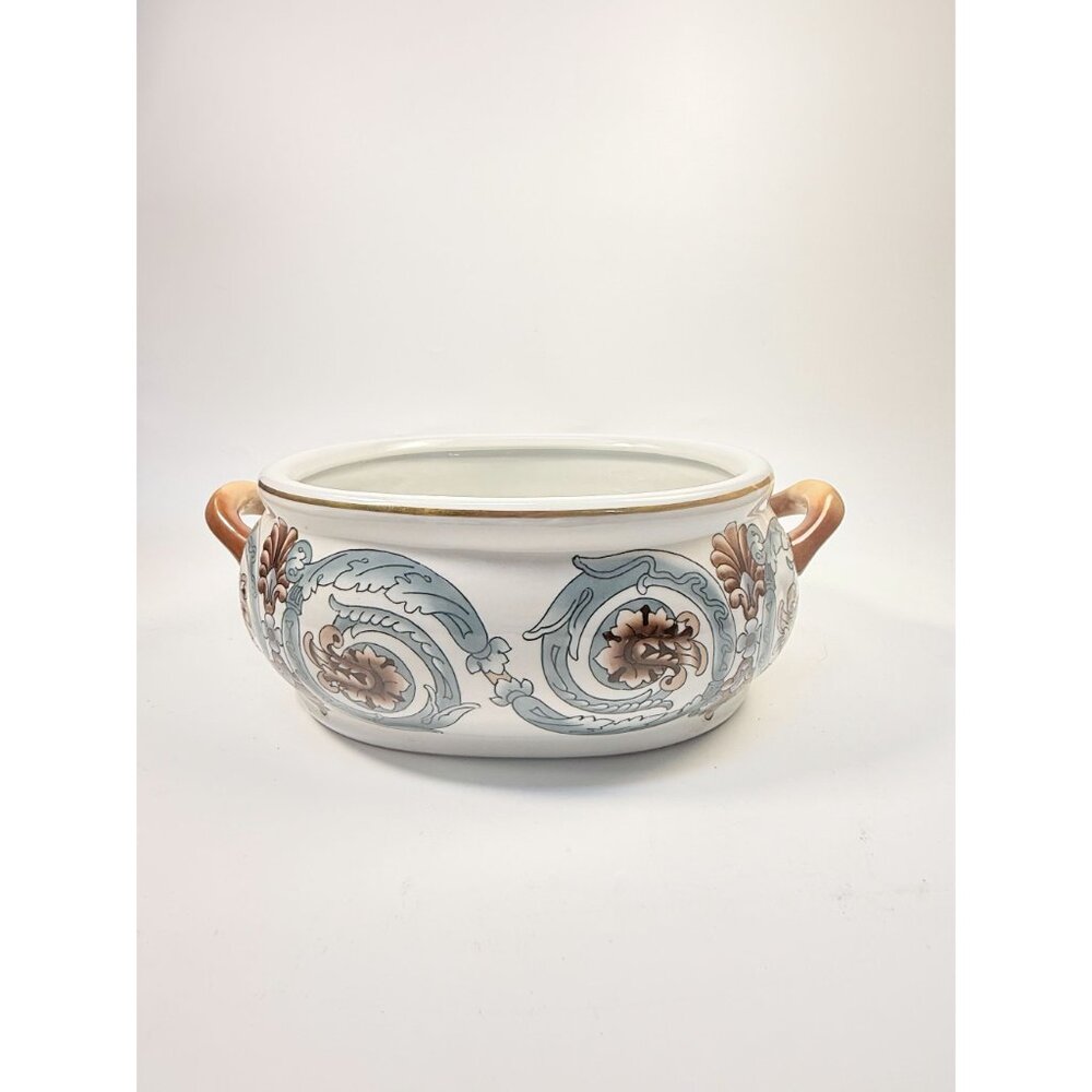 Jardiniere Planter Pot Hand Painted Handled Ceramaic Teal Brown Home Decor Decor - Picture 9 of 16
